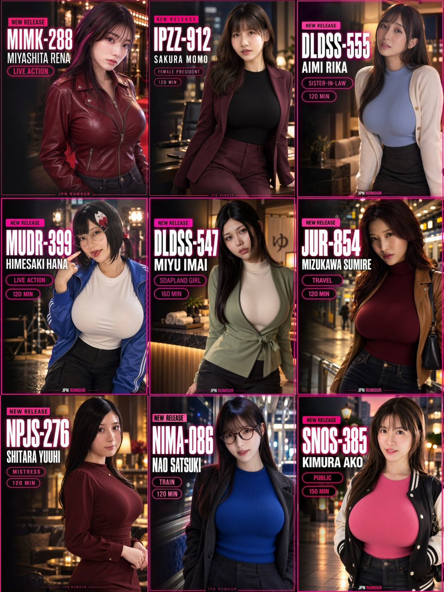 jpnrumour's tweet photo. 🔥 9 NEW RELEASES 🔥

Miyashita Rena — MIMK-288
Sakura Momo — IPZZ-912
Aimi Rika — DLDSS-555
Himesaki Hana — MUDR-399
Miyu Imai — DLDSS-547
Mizukawa Sumire — JUR-854
Shitara Yuuhi — NPJS-276
Nao Satsuki — NIMA-086
Kimura Ako — SNOS-385

Which release are you checking first? 👀 https://t.co/0i3YCyrSyX