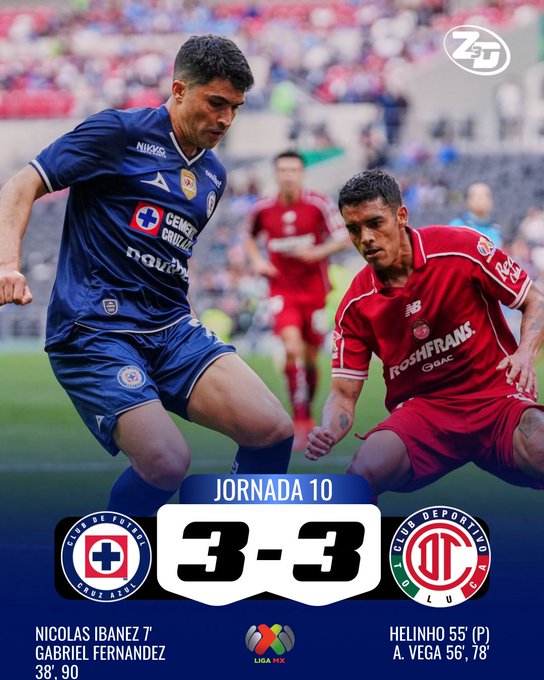 A Liga MX Jornada 10 graphic showing a 3-3 draw between Cruz Azul and Toluca, with goals from Nicolás Ibañez (7') and Gabriel Fernández (38', 90) for Cruz Azul, and Helinho (55' P) and A. Vega (56', 78') for Toluca.