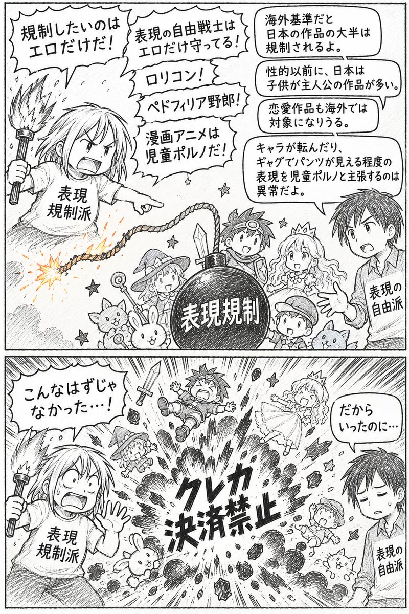 SFumoto's tweet photo. PixivFANBOXで一般漫画まで規制対象になるに至るまで、SNS上で繰り広げられてきた表現の自由派と規制派とのやり取りがコレ https://t.co/OMnD737hyp
