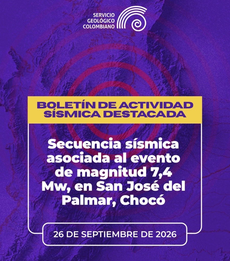 sgcol's tweet photo. 📌 El Servicio Geológico Colombiano actualiza la información sobre la actividad sísmica registrada en sectores de Chocó y Tolima, con corte al 26 de septiembre de 2026.

Consulta en el boletín los detalles sobre la evolución de estas secuencias sísmicas. 🇨🇴 

https://t.co/PGTCW1qfri