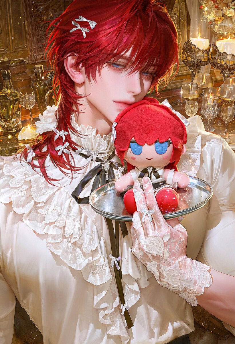 68_bLacK91's tweet photo. [나와 똑닮은 인형 대령이요🧸 프롬]

upper body, androgynous character, fairytale fantasy aesthetic, elegant storybook atmosphere, wearing a white silk shirt covered in frills and lace, luxurious white blouse, ruffled collar, abundant lace details, black ribbon tie, ribbon necktie, small white ribbon hairpins, multiple white ribbon clips, white rose-pattern lace gloves, ribbon ornaments, one hand holding a round serving tray, silver serving tray, a plush doll resembling the character sitting on the tray, character look-alike plush, the other hand holding a serving cloche lid, silver dome lid, leaning in close to the plush doll, gazing at the doll fondly, face close to the doll, delicate and mysterious expression, sparkling magical effects around the plush doll, twinkling particles, mystical glow, enchanting aura, luxurious medieval-style room, noble chamber interior, ornate antique furniture, elegant palace room, warm golden lighting, fantasy interior, refined and magical mood, cinematic composition