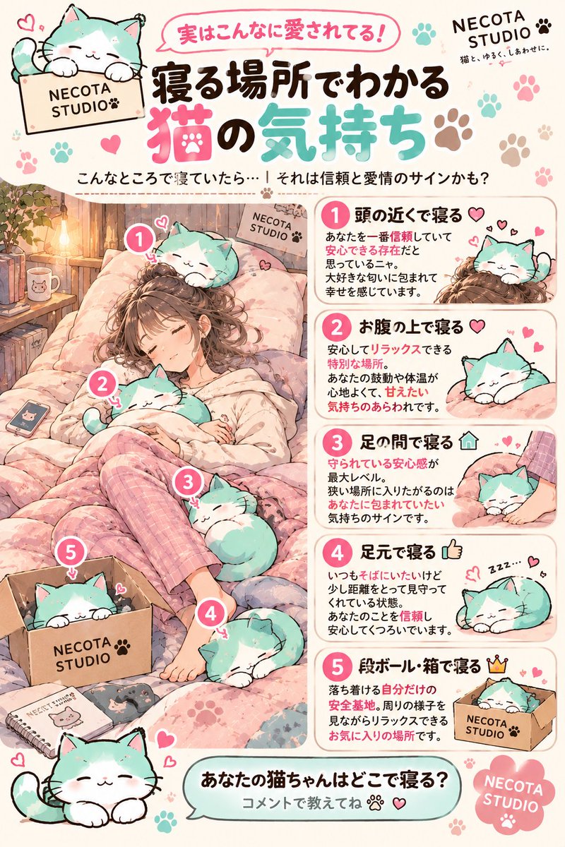 necota_studio's tweet photo. 🐱寝る場所でわかる「猫の気持ち」
頭の近く？お腹の上？足元？
いつもの寝場所にも、猫なりの理由があるかも🐾
みんなの猫ちゃんはどこで寝る？👇
#猫 #猫のいる暮らし #猫好きさんと繋がりたい #猫あるある #NECOTASTUDIO https://t.co/XBQr5ot9L8