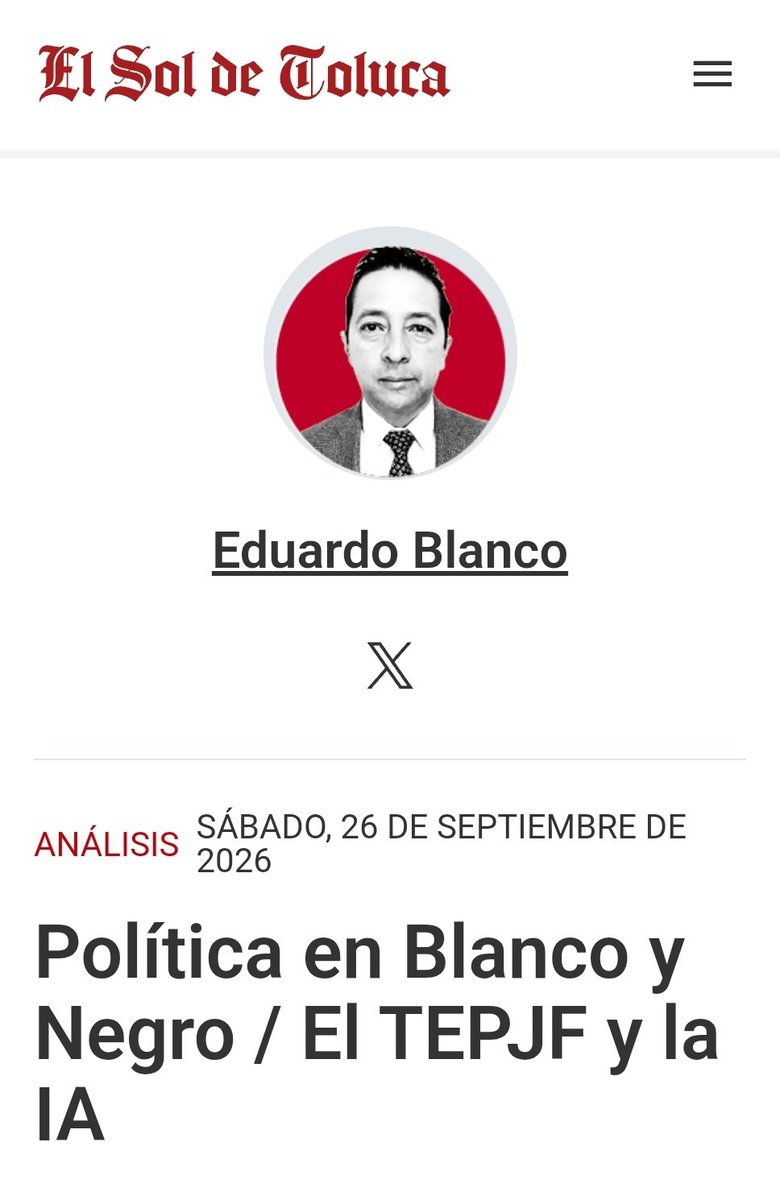 EduardoBlanco71's tweet photo. Leamos @EduardoBlanco71
Política en Blanco y Negro / El TEPJF y la IA - El Sol de Toluca @SOLTOLUCA @TEPJF_informa @FFuentesBarrera https://t.co/CQ3nYoUU49 https://t.co/w7i6Ig5uww