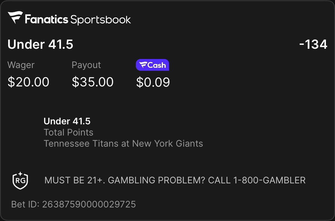 JoePickem's tweet photo. Last +EV play from @OddsJam for the Sunday afternoon slate:

TEN @ NYG
Under 41.5 Total Points (-134)

$20 → $35

Found it straight through OddsJam’s +EV tool.

Use code JoePickem if you want to find plays like this yourself. https://t.co/I0twSRa6vN