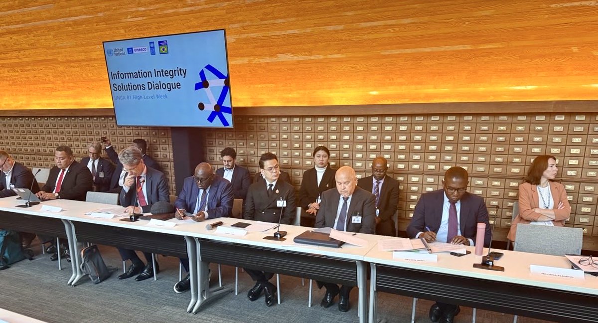 AfricanUnionUN's tweet photo. #Cameroon 🇨🇲 Ambassador to #Ethiopia, H. E. Churchill Ewumbue -Monono, attended a high-level side event on Information Integrity Solutions Dialogue at the #UNGA81 in New York. The event was organized by the @UN Department of Global Communication (#DGC), #UNDP, #UNESCO , and the Government of #Brazil, with participation from the Head of Media and Information Division  @_AfricanUnion Commission, Mrs. Esther Tankou, who is also the Communication Adviser to the @AfricanUnionUN and Mr. Omar Faruk, President of the Federation of African Journalists (#FAJ). Ambassador Ewumbue-Monono  gave updates on the #AU Peace and Security Council (#AUPSC) meeting held on November 14, 2025, emphasizing the importance of information integrity in #Africa. He also announced that the PSC will discuss Information Integrity, Peace, and Security on October 9, 2026, under Cameroon's leadership.
 #AUPS, #Agenda2063 #TheAfricaWeWant #SDGs