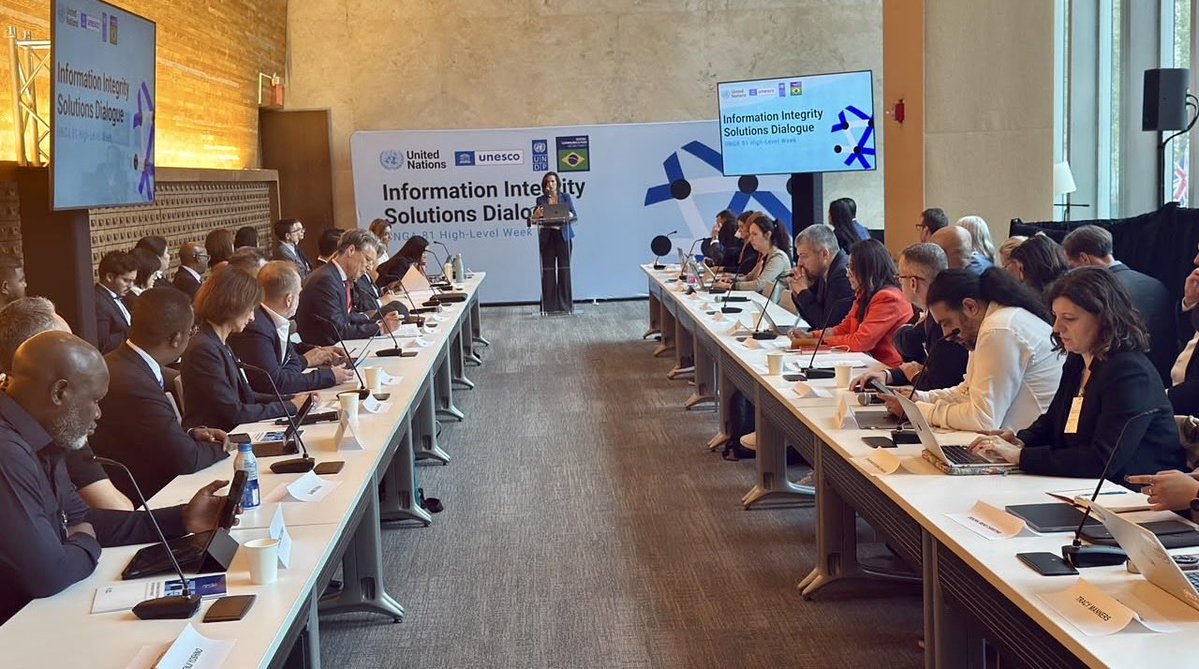 AfricanUnionUN's tweet photo. #Cameroon 🇨🇲 Ambassador to #Ethiopia, H. E. Churchill Ewumbue -Monono, attended a high-level side event on Information Integrity Solutions Dialogue at the #UNGA81 in New York. The event was organized by the @UN Department of Global Communication (#DGC), #UNDP, #UNESCO , and the Government of #Brazil, with participation from the Head of Media and Information Division  @_AfricanUnion Commission, Mrs. Esther Tankou, who is also the Communication Adviser to the @AfricanUnionUN and Mr. Omar Faruk, President of the Federation of African Journalists (#FAJ). Ambassador Ewumbue-Monono  gave updates on the #AU Peace and Security Council (#AUPSC) meeting held on November 14, 2025, emphasizing the importance of information integrity in #Africa. He also announced that the PSC will discuss Information Integrity, Peace, and Security on October 9, 2026, under Cameroon's leadership.
 #AUPS, #Agenda2063 #TheAfricaWeWant #SDGs