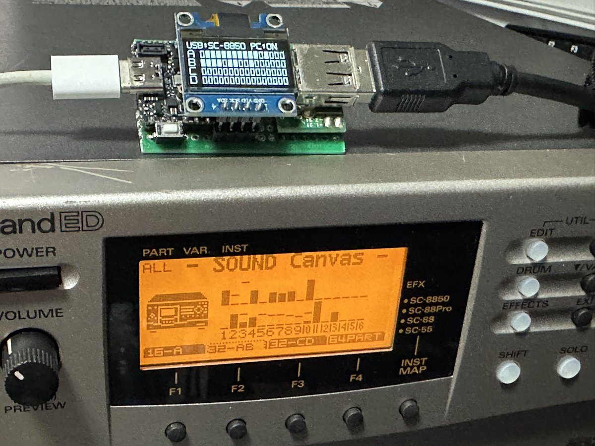 trinity33r's tweet photo. SC-8850とSC-8820のUSBを汎用USB-MIDI 4ポートに変換するアダプター作りました
Win11でも最新Macでもドライバ不要でSC-8850を4ポート鳴らせます！ https://t.co/T8J6pIEvDz