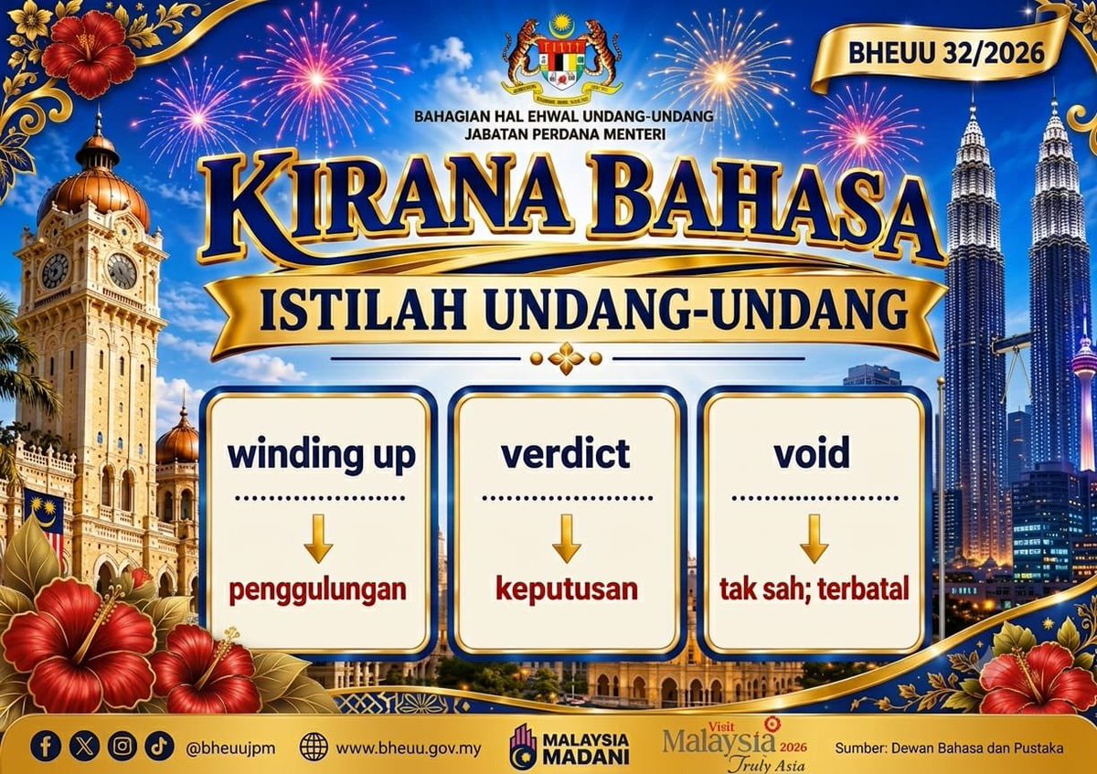 bheuu_jpm's tweet photo. BHEUU Kongsi | Kirana Bahasa

winding up → penggulungan
verdict → keputusan
void → tak sah; terbatal

Pautan facebook: https://t.co/CtJXXx5A0t

#BHEUUkongsi
#KiranaBahasa
#IstilahPerundangan
#JabatanPerdanaMenteri
#MalaysiaMadani https://t.co/lTH5Yu6eeS