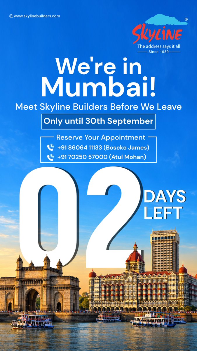 skylinebuilder's tweet photo. Only 2 Days Left! ✨
Mumbai, explore your next home in Kerala with Skyline Builders. 🏡
📅 Until 30th September
📞 Boscko James: +91 86064 11133
📞 Atul Mohan: +91 70250 57000
#SkylineBuilders #Mumbai #KeralaHomes #RealEstate https://t.co/Ml4DNaf81O