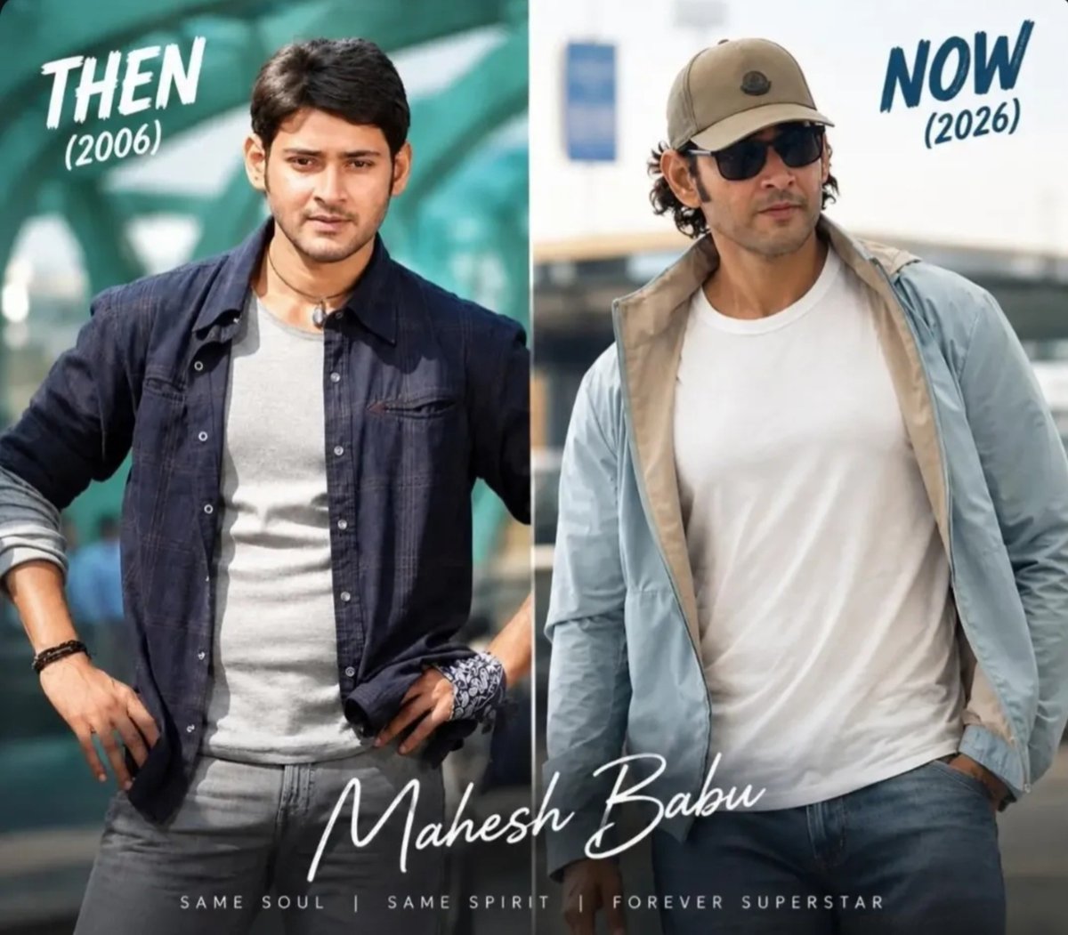 UrsTrulyHari79's tweet photo. Then 2006 --> Now 2026 🔥
two decades, Countless memories One timeless aura.....One constant emotion 🥵 Superstar @urstrulyMahesh ❤️‍🔥
The face may have evolved, but the charm, style &amp; superstar presence remain UNCHANGED 👑🦁 
#Varanasi 🔱 #MaheshBabu https://t.co/n95vYZOCcY