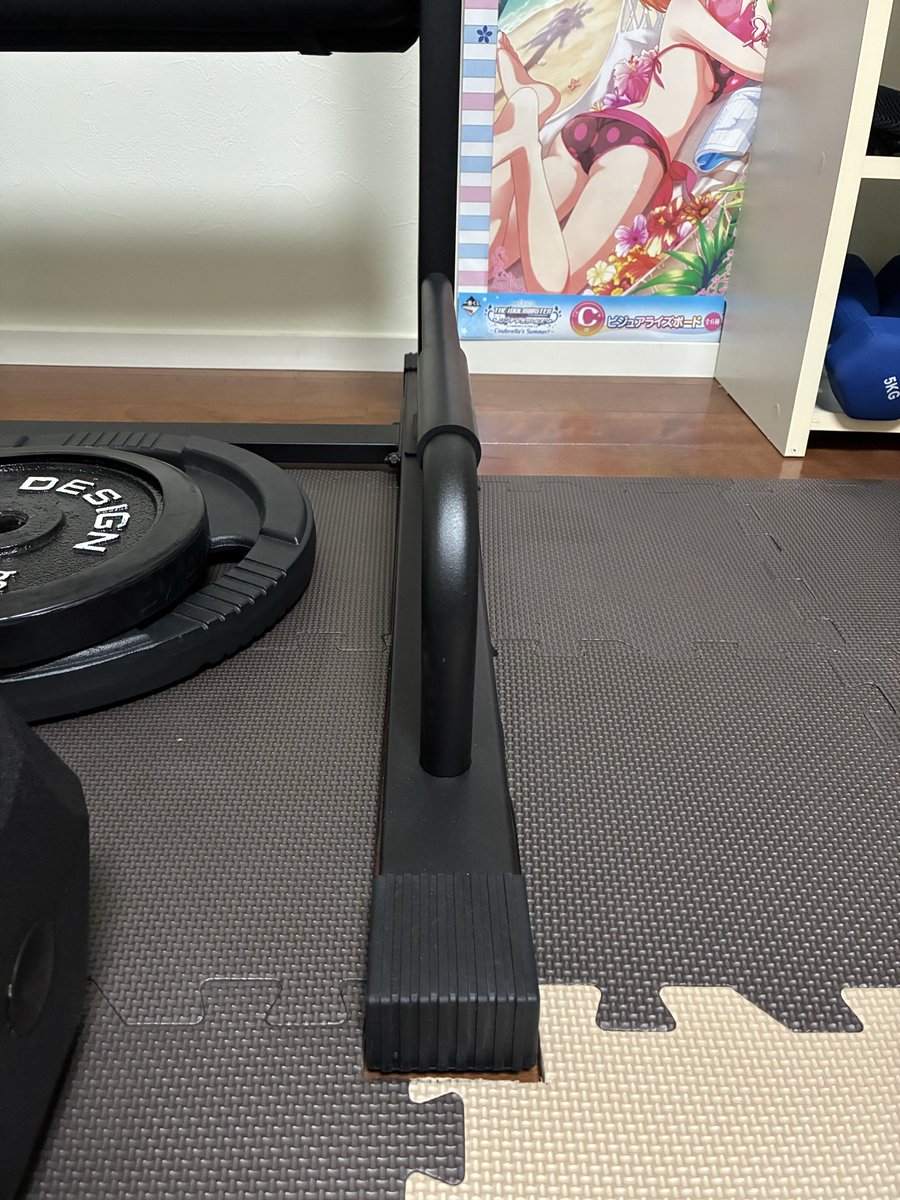 Remny_tidWorks's tweet photo. トレ部屋の天井が低いからマット１枚分でも惜しいから懸垂ラックの足元はマットをカットしておりますww https://t.co/otNm8TmSb5