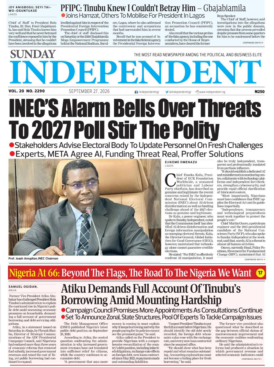 IndependentNGR's tweet photo. Just published: front page of Sunday Independent Newspaper for today, 27 September 2026 https://t.co/jYjka4DIbR