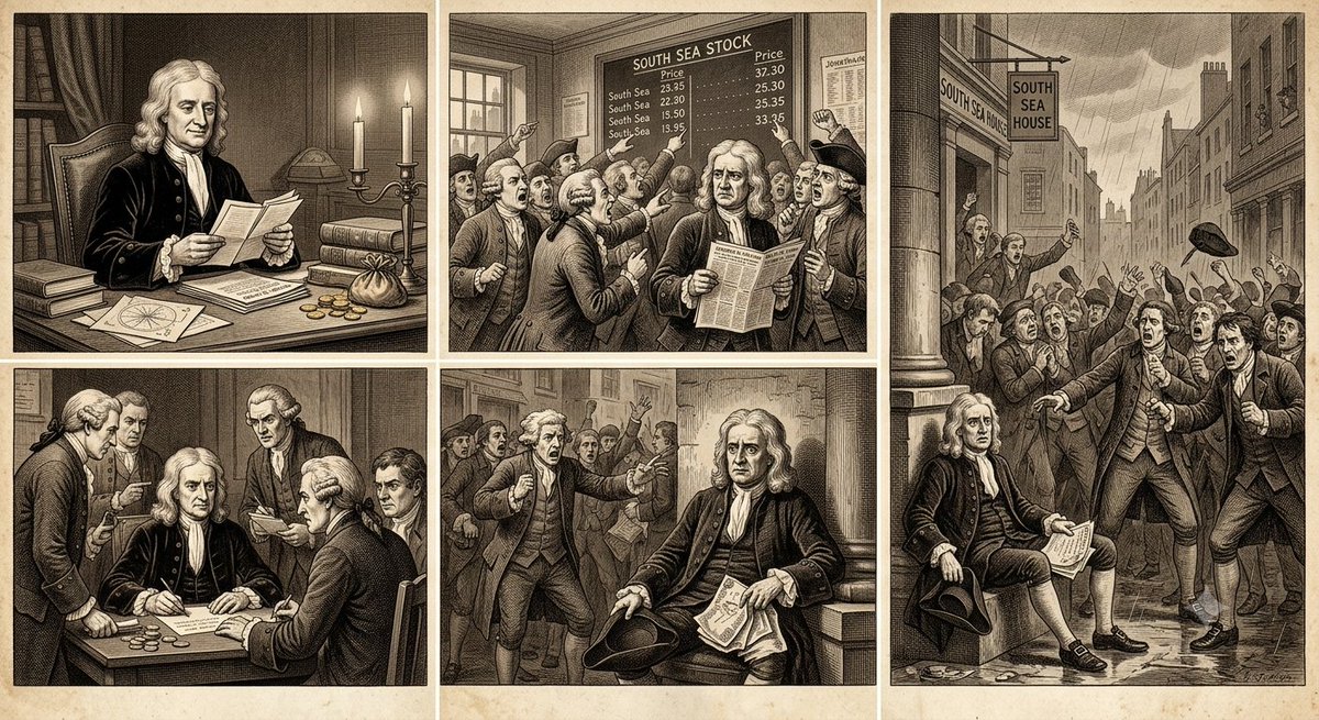 DrdhimanBhatta1's tweet photo. Let's look back investment and science.
Let's turn retro to understand how human mind is responsible your loss or gain in the market.

Please RETWEET FOR MAXIMUM REACH.

Sir Isaac Newton understood gravity.

But in 1720, he learned that markets have their own kind of gravity.

And it cost him a fortune.

Newton initially bought shares in the South Sea Company and made roughly 100% profit—about £7,000.

Smart move. He got out.

Then something happened.

The stock kept soaring.

Friends were getting richer. Everyone seemed to be making money. The crowd was euphoric.

Newton watched from the sidelines.

And then…

He bought back in.

Near the top.

The South Sea Bubble soon burst.

Newton reportedly lost around £20,000—an enormous fortune at the time.

The lesson isn't that Newton was foolish.

It's far more uncomfortable:

If one of history's greatest minds could fall victim to FOMO, what makes the rest of us think we're immune?

Markets don't just test your intelligence.

They test your discipline when everyone around you appears to be getting rich.

And perhaps the most famous line attributed to Newton says it all:

«“I can calculate the motions of the heavenly bodies, but not the madness of the people.”»

The most dangerous trade may not be the one you enter too early.

It may be the one you enter because you can't bear watching everyone else get rich.

Please RETWEET.

#FOMO #BehavioralFinance