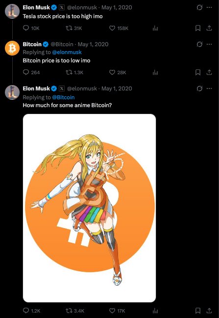 AnimeBitcoinbnb's tweet photo. In 2020 @cz_binance responded to a tweet about $TSLA

@elonmusk responded, “Bitcoin price is too low imo”

Elon replied, “How much for some anime Bitcoin?”

Elon tweeted about ABTC on 3 different occasions &amp; used it as his PFP in 2021 

0xb3163a3f5875e6988cac64ea6e3c537594417777 https://t.co/lCDPrT9Fs5