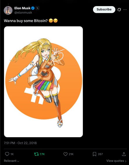 AnimeBitcoinbnb's tweet photo. In 2020 @cz_binance responded to a tweet about $TSLA

@elonmusk responded, “Bitcoin price is too low imo”

Elon replied, “How much for some anime Bitcoin?”

Elon tweeted about ABTC on 3 different occasions &amp; used it as his PFP in 2021 

0xb3163a3f5875e6988cac64ea6e3c537594417777 https://t.co/lCDPrT9Fs5
