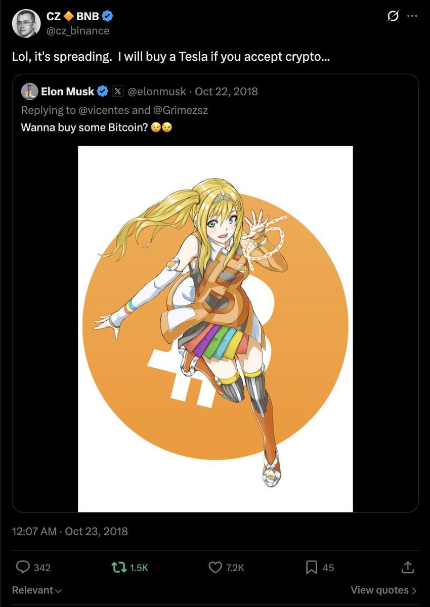 AnimeBitcoinbnb's tweet photo. In 2020 @cz_binance responded to a tweet about $TSLA

@elonmusk responded, “Bitcoin price is too low imo”

Elon replied, “How much for some anime Bitcoin?”

Elon tweeted about ABTC on 3 different occasions &amp; used it as his PFP in 2021 

0xb3163a3f5875e6988cac64ea6e3c537594417777 https://t.co/lCDPrT9Fs5