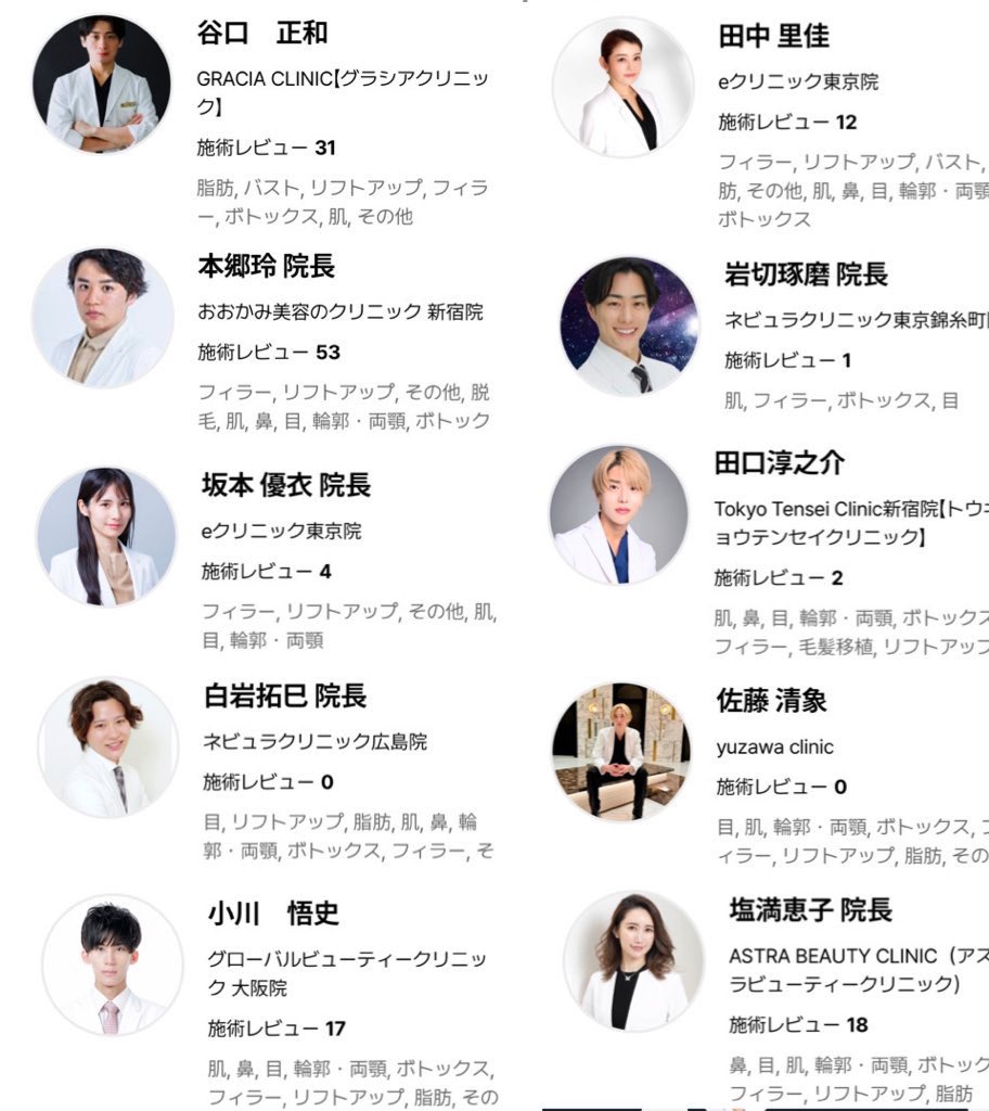 mtgjdpa's tweet photo. 形成外科専門医＋JSAPS専門医持ってない医者一覧。

怖いよな。直美や専門医でない医者ほどSNSに平然と居るんだから。。。

ちなみにこれは一般論だけど出身美容外科が悪徳クリニックだった場合、開業しても99%悪徳クリニックの分家として転生するんよな。

そういうところに限ってGoogle口コミ星5ばかり書いて🌸してる。