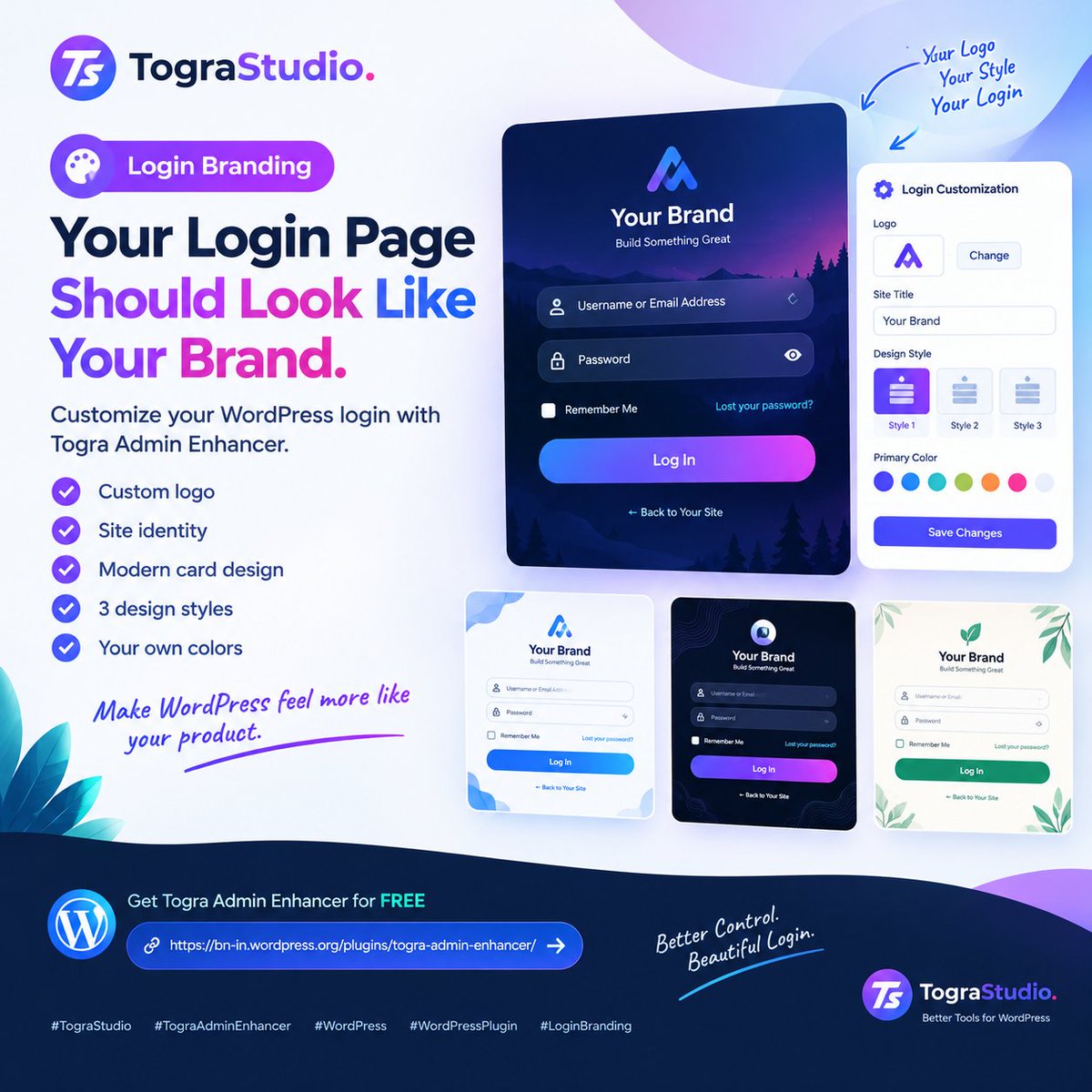 ibrahim_coder's tweet photo. 🎨 Login Branding

Your WordPress login page should look like your brand.

✅ Custom Logo
✅ Modern Card Design
✅ 3 Design Styles
✅ Custom Colors

🚀 Get Togra Admin Enhancer FREE:
https://t.co/5JnEzij6gS

#TograStudio #TograAdminEnhancer #WordPress #WordPressPlugin https://t.co/PW95YxleRQ