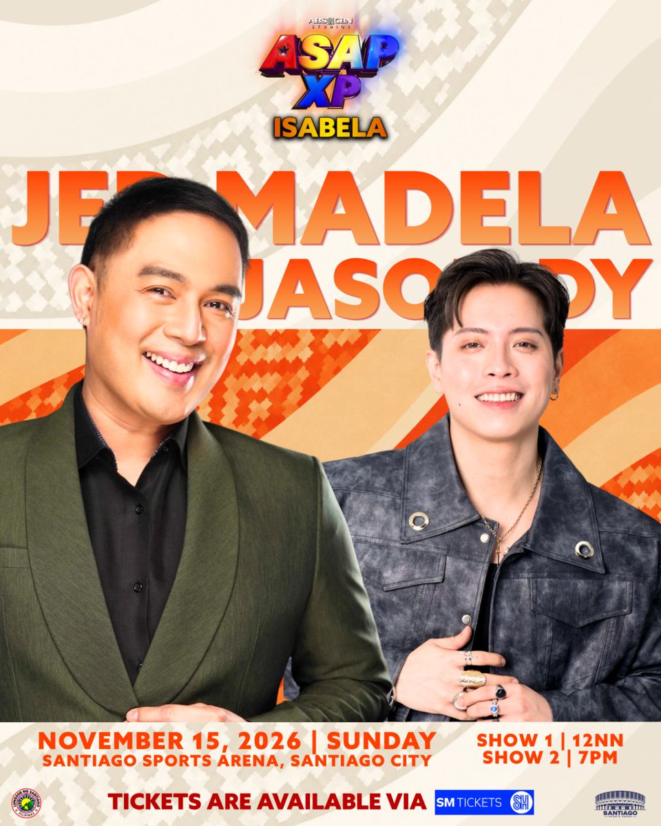 ASAPOfficial's tweet photo. Isabela, handa na ba kayong kumanta? 

Get ready to sing your favorite songs kasama ang world-class singing champs na sina JED MADELA at JASON DY! Present sila sa ASAP XP Isabela, at the Santiago Sports Arena! Sa November 15, 2026 na yan! 

Time to buy your tickets now via SM Tickets! Kita-kits sa Santiago City, mga Kapamilya!

BUY YOUR TICKETS NOW FOR ASAP XP ISABELA! 

https://t.co/hsrdhfnDst