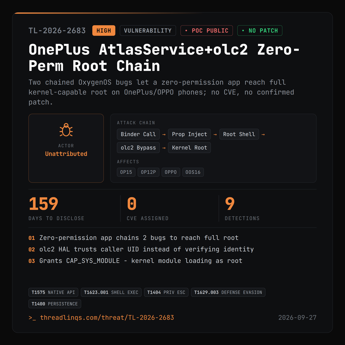 threadlinqs's tweet photo. Install nothing special, get full root: chained OxygenOS bugs turn any zero-permission app into root. https://t.co/uAK831Mi2v #ThreatIntel #app_process #Ghidra #sesearch https://t.co/t2p7Cv2RMq