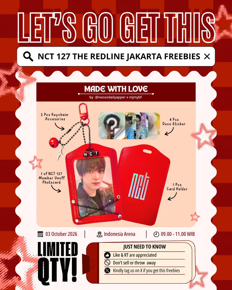 mjmybf's tweet photo. 〖 FREEBIES NEO CITY : THE REDLINE - JAKARTA 〗
By : @neoxodailyapper &amp; @mjmybf

📍〖 INDONESIA ARENA 〗
📆〖 3 Oct〗
🕑〖 09.00 - 11.00 〗

Rules :
☆ Like &amp; RT 
☆ show me this tweet
☆ first come first get
☆ Kindly tag me if you get

#NCT127_5TH_NEOCITY_THE_REDLINE https://t.co/EJGdKj4RiQ