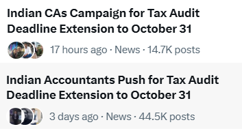 R_N_Vaghani's tweet photo. 25,000+ Tweet within 24 Hours

One Demand: -
Extend Tax Audit Due date till 31st Ocober.

Never seen this kind of moment for Extension Before.

Extension is 100% Sure,
They can not ignore this voice..

It just matter of Time 
Extension will come sooner or later.