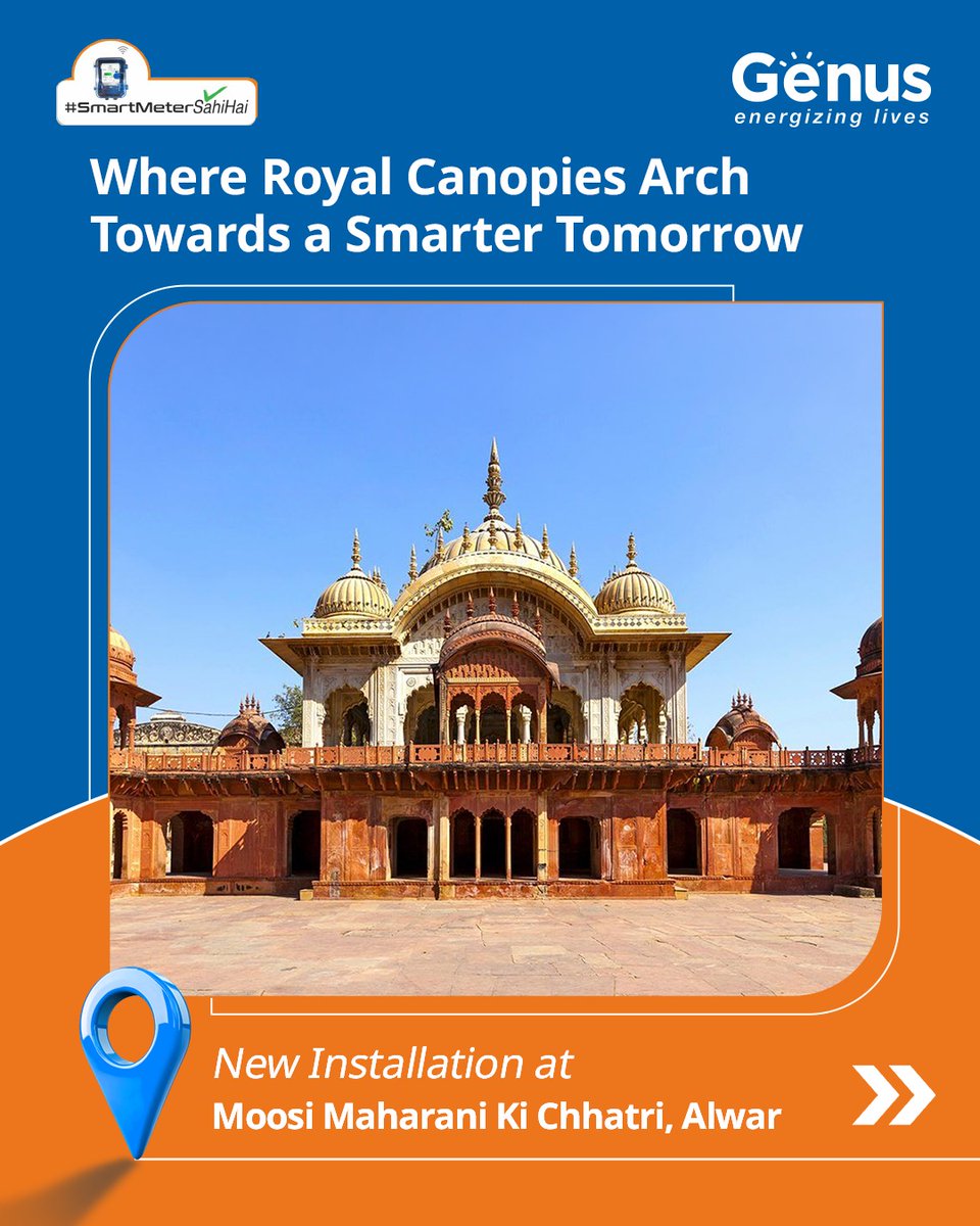 genuspower's tweet photo. Inspired by the iconic umbrella-shaped domes of Moosi Maharani Ki Chhatri, Alwar, this 19th-century cenotaph is a remarkable example of Rajputana architecture, with its red sandstone, white marble and intricate craftsmanship reflecting the artistic heritage of Rajasthan.

We are proud to announce the installation of Genus Smart Meter at this historic landmark. The installation brings greater visibility into electricity consumption, enabling closer monitoring of energy use and a more informed understanding of consumption patterns.

By making energy consumption more visible, smart metering supports better energy management and helps enable informed decisions around electricity use at the site.

This installation marks another step in our journey of bringing smarter energy management to places that continue to preserve India’s architectural and cultural heritage.

@JVVNLCCare @AvvnlPro @ccc_jdvvnl @RajCMO @RajGovOfficial @RECLindia @MinOfPower

#MoosiMaharaniKiChhatri #RajputanaArchitecture #Alwar #RajasthanHeritage #IndianHeritage #SmartMetering #SmartEnergy #EnergyManagement #GenusPower #PoweringIndia