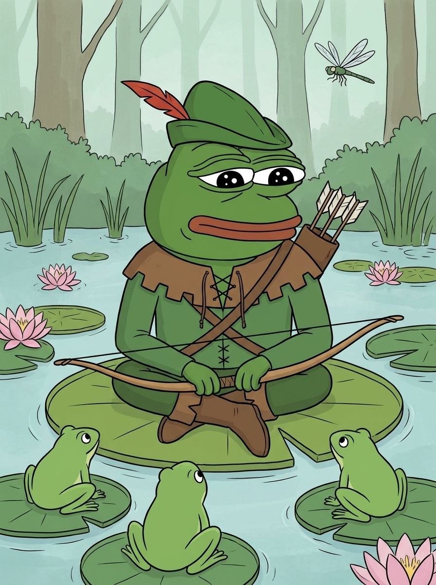 RobinPepeCoin's tweet photo. Every pond needs someone to keep order. Today the pond picked the one with the bow. https://t.co/2O4mfp704G