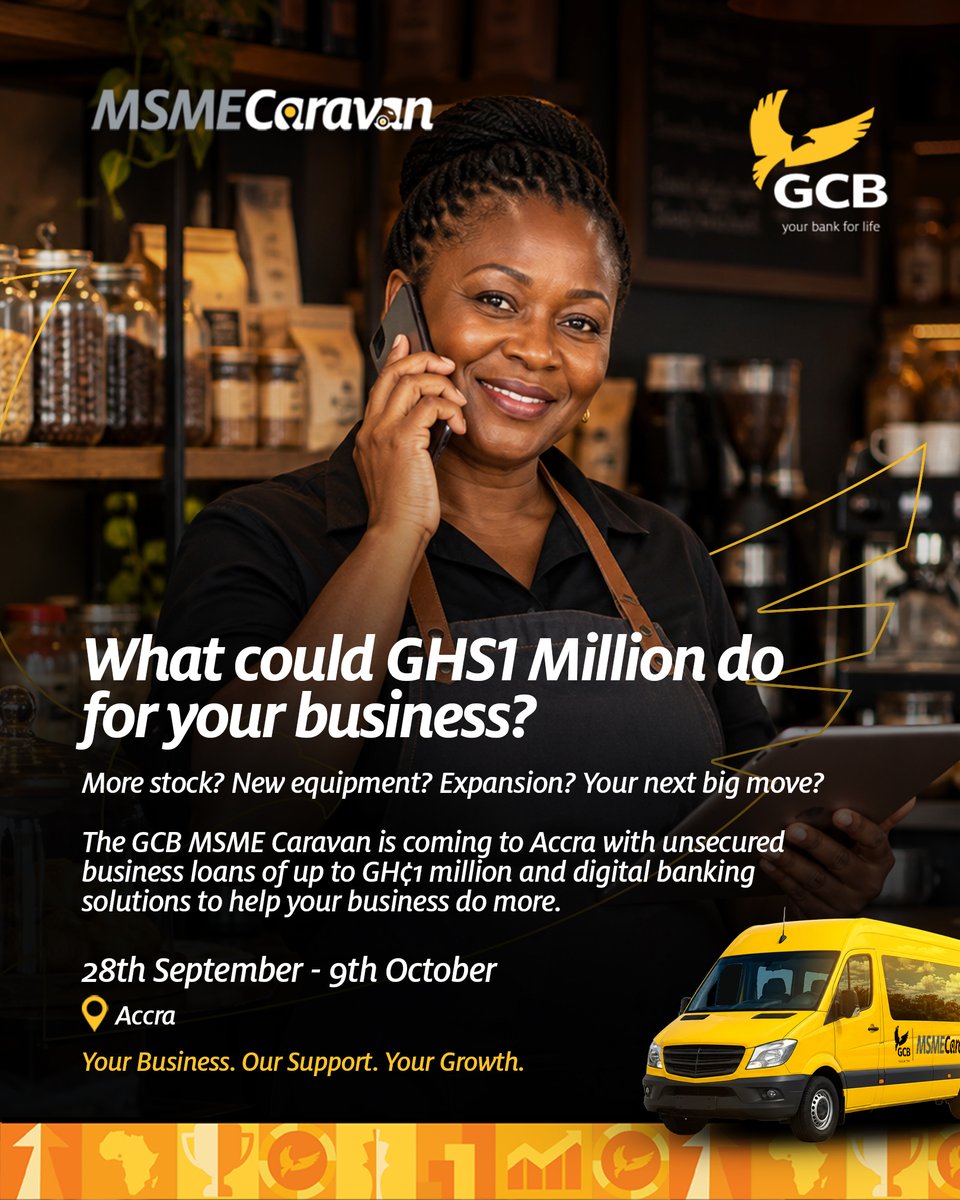 GCBBankPLC's tweet photo. Accra, we’re geared up! From Abossey Okai to Kantamanto and Okaishie, the GCB MSME Caravan is coming your way. Meet our team and discover solutions to support your business growth.
Your Business. Our Support. Your Growth.
#GCBBank #GCBMSMECaravan #GCBCares #YourBank4Life https://t.co/XGafeUXRtN