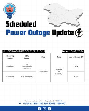 GreaterKashmir's tweet photo. Scheduled Power Shutdown Update
Stay prepared!
We regret the inconvenience caused: @kpdcloffice
#KPDCL #SHUTDOWN https://t.co/QkFHW4KnVo