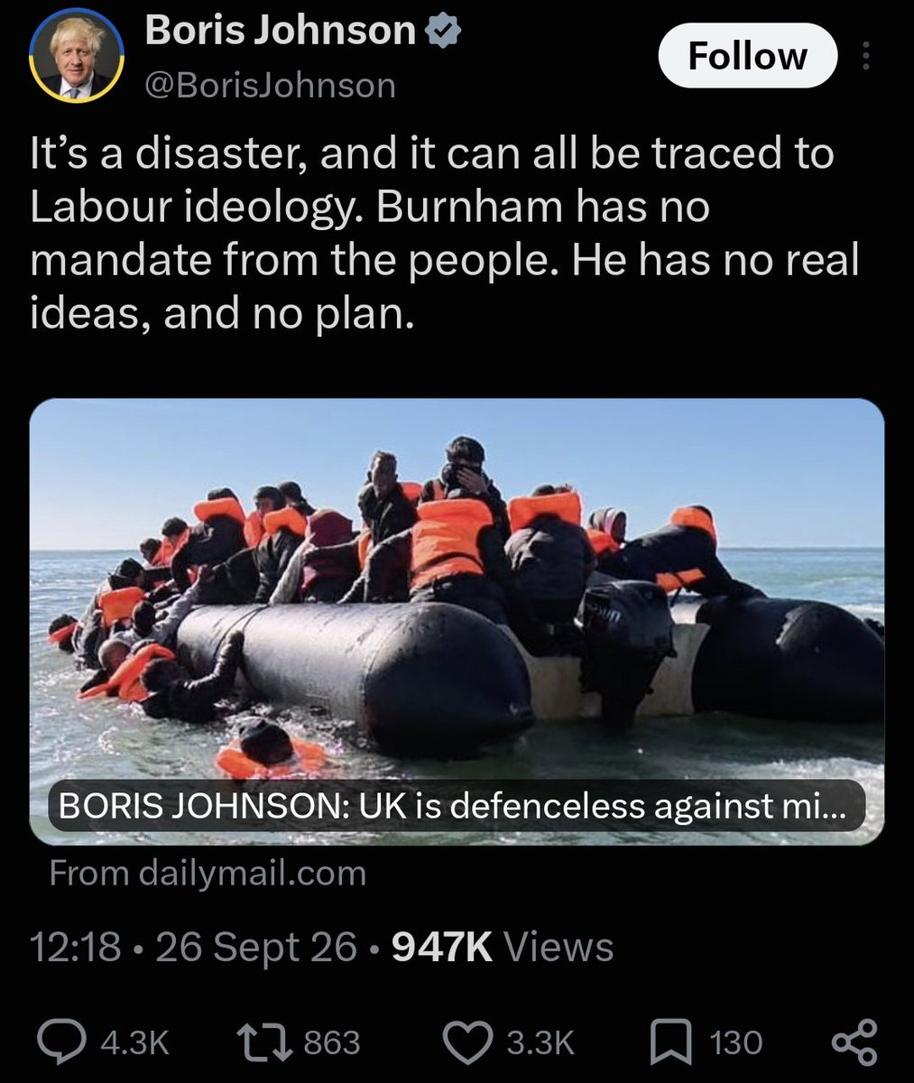 Tush27J's tweet photo. Boris Johnson really is an abomination. He now blames Labour for the small boats crisis
The man who gave us his 'oven ready Brexit' really needs to wind his bloody neck in.
Brexit caused the small boats crisis.
F*ck off Boris.
#BBCBreakfast https://t.co/YaaBYyXyYq