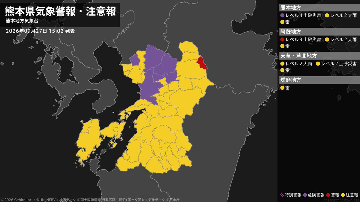 UN_NERV's tweet photo. 【熊本県 気象警報 2026年09月27日 15:02】
熊本県に気象警報が発表されています。 https://t.co/0lDpoiTAiv