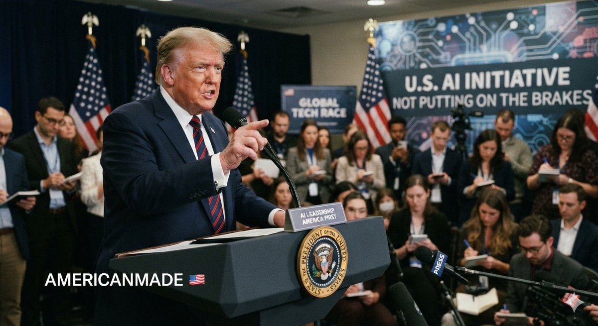 TruthBomber47's tweet photo. Trump says US 'not putting on the brakes' in AI race against China.

The U.S. is keeping the pedal to the metal on artificial intelligence. 🇺🇸
With global competition heating up, maintaining leadership in AI innovation is vital for economic growth and national security. The race is on, and the future is built here.