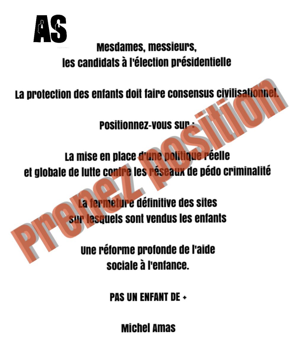 michel_amas's tweet photo. J'interpelle tous les candidats à la présidentielle : positionnez-vous sur le problème des réseaux pédocriminels, sur la fermeture des sites sur lequel les enfants sont vendus et sur un nécessaire, réforme de l'aide sociale à l'enfance.

PAS UN ENFANT DE +

Michel AMAS https://t.co/A5a70OFGzq
