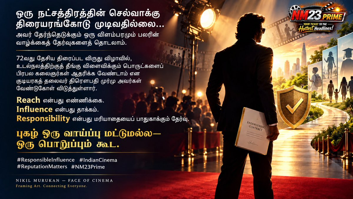 onlynikil's tweet photo. #NM23Prime  @posterboyoffl 

ஒரு நட்சத்திரத்தின் செல்வாக்கு திரையரங்கோடு முடிவதில்லை…
அவர் தேர்ந்தெடுக்கும் ஒரு விளம்பரமும் பலரின் வாழ்க்கைத் தேர்வுகளைத் தொடலாம்.

72வது தேசிய திரைப்பட விருது விழாவில், உடல்நலத்திற்குத் தீங்கு விளைவிக்கும் பொருட்களைப் ��ிரபல கலைஞர்கள் ஆதரிக்க வேண்டாம் என குடியரசுத் தலைவர் திரௌபதி முர்மு அவர்கள் வேண்டுகோள் விடுத்துள்ளார்.

Reach என்பது எண்ணிக்கை.
Influence என்பது தாக்கம்.
Responsibility என்பது மரியாதையைப் பாதுகாக்கும் தேர்வு.

புகழ் ஒரு வாய்ப்பு மட்டுமல்ல—ஒரு பொறுப்பும் கூட.

#ResponsibleInfluence #IndianCinema #ReputationMatters #NM23Prime 
#NikilMurukanIsTheBrandAndGameChanger #NM