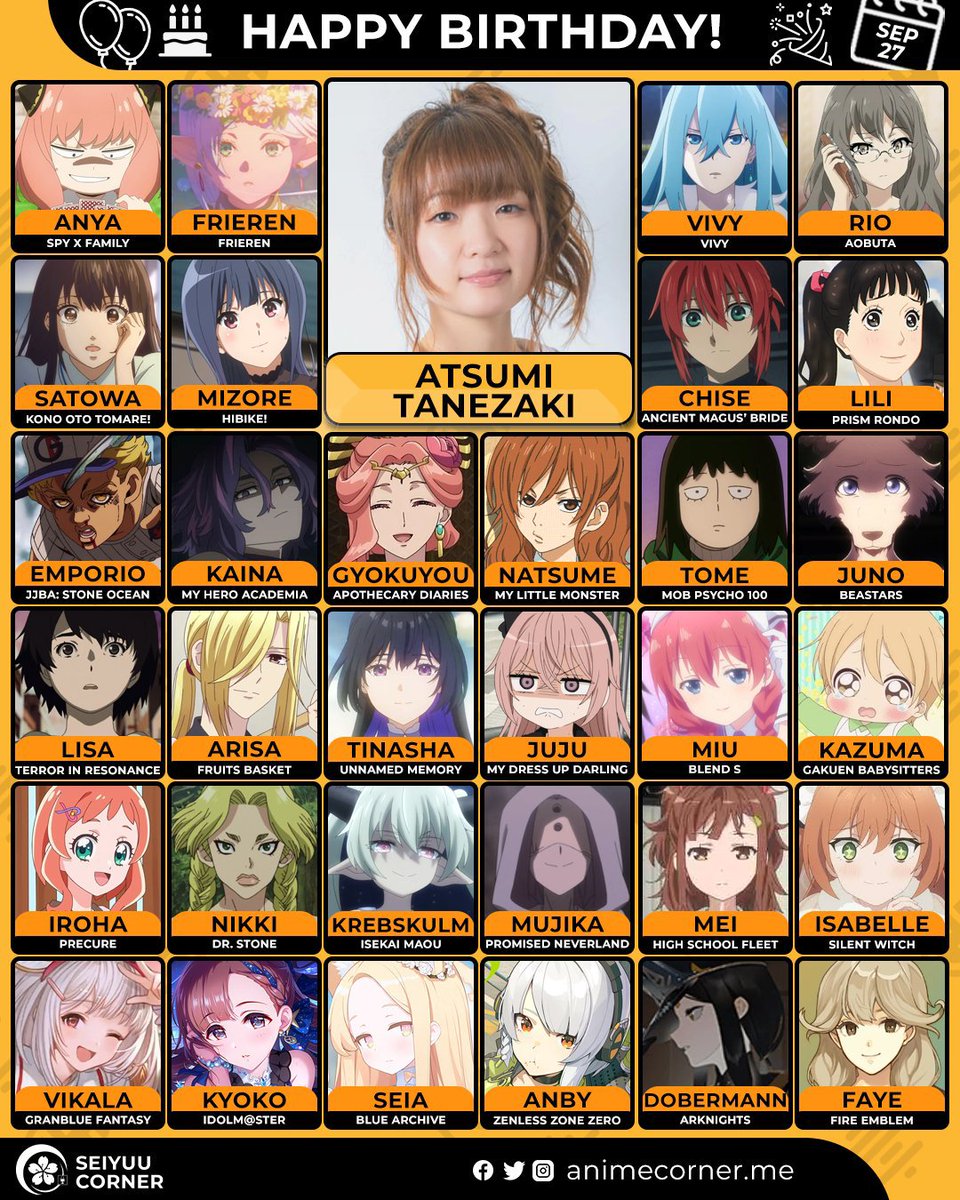 kmrreal00's tweet photo. Happy Birthday to one of my favourite voice artists, Atsumi-san!🎉

#AtsumiTanezaki https://t.co/up4j6gp21T