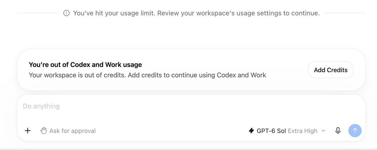 Codex usage error showing the user is out of Codex and Work credits and must add credits to continue