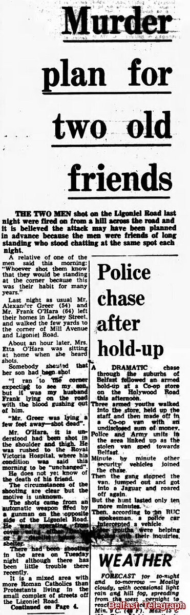 OnThisDayPIRA's tweet photo. #OnThisDay in 1972 the IRA murdered Alexander Greer, 47. Bus conductor shot 10:50 pm from a hill near the Ligoneil Rd, N. Ireland, on a nightly talk with his friend Frank O`Hara (injured)#OTD. Both were Protestants. 3 in court. Moore confessed after killing his baby born 13/1/75. https://t.co/llXfPB4AXj