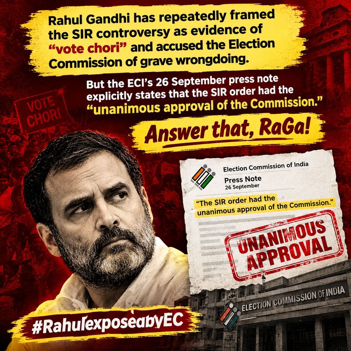 DuddakuntaBJP's tweet photo. A serious allegation demands serious evidence.
Instead, the ECI’s own official record says the SIR decision had the unanimous approval of the Commission.
FACTS > RUMOURS.
#RahulexposedbyEC https://t.co/rYKy2o2hNo