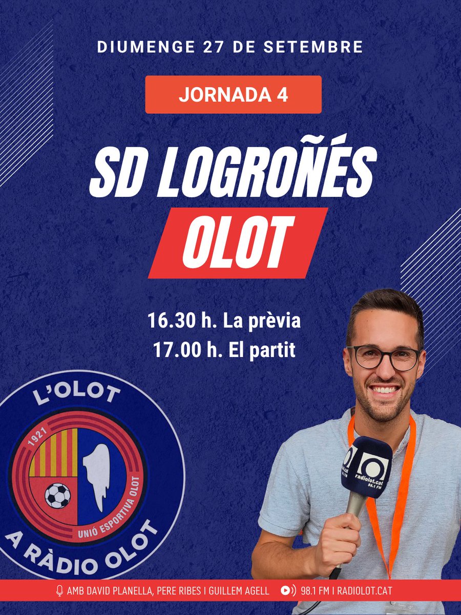 RadiolotEsports's tweet photo. 📣 Dia de partit...
📻 DIA DE RÀDIO!

@SDLogrones 🆚 @UEO1921 
📍 Pradoviejo
⏳ 16.30 h. La prèvia 
⚽ 17.00 h. El partit

L'Olot torna a la Rioja per recuperar el camí de la victòria! https://t.co/DBozsxbxjA