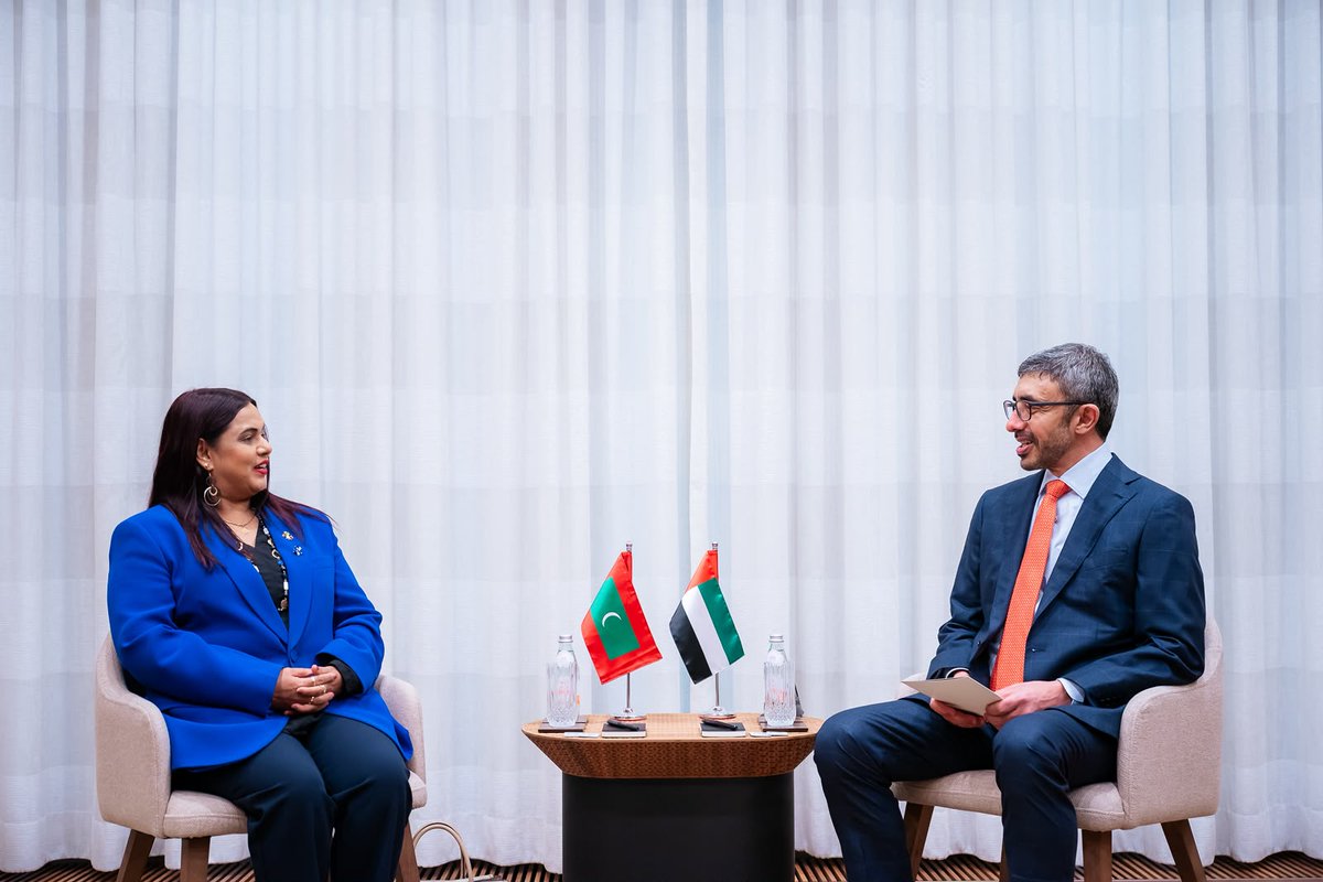 MoFAmv's tweet photo. Minister @IruthishamAdam met Deputy PM and FM of UAE H.H. Sheikh Abdullah bin Zayed Al Nahyan, on the sidelines of #UNGA81HLW, and discussed bilateral &amp; economic cooperation, and regional developments. She expressed appreciation for the UAE’s support to the Maldives

#MDVatUNGA81 https://t.co/HsgZ5Dh8NL