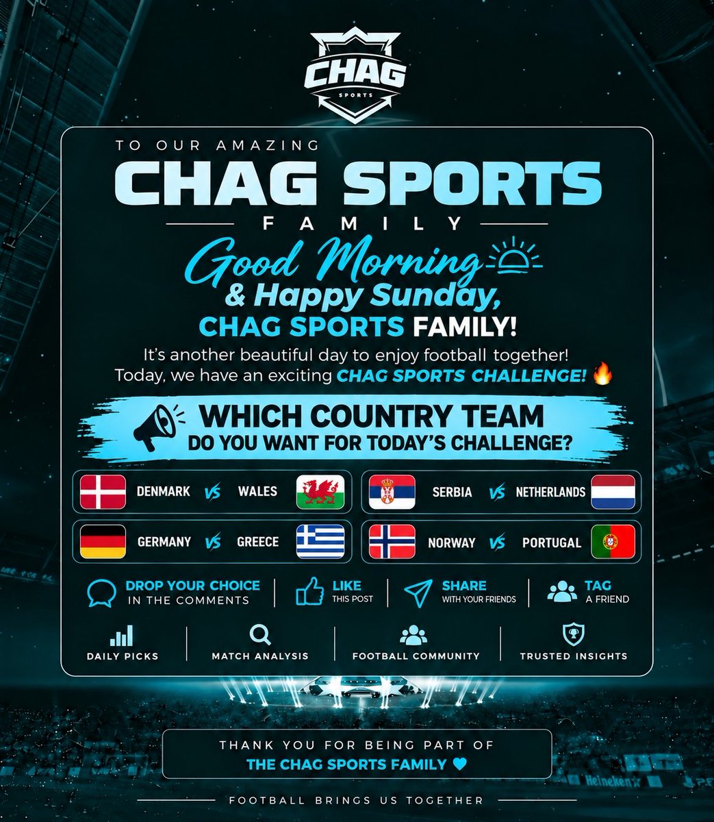 Chagsports24's tweet photo. #BBNaija #ChagSports #FootballChallenge #FootballFans #SundayFootball #FootballCommunity #FootballNigeria   ☀️ GOOD MORNING, CHAG SPORTS FAMILY! 💙⚽
Happy Sunday to everyone! 🙌🏽
Today, we’re giving the CHAG SPORTS FAMILY the chance to decide what comes next. 🔥
We have some exciting international fixtures lined up, but the choice is yours. 👇🏽
🇩🇰 Denmark vs Wales 🏴
🇷🇸 Serbia vs Netherlands 🇳🇱
🇩🇪 Germany vs Greece 🇬🇷
🇳🇴 Norway vs Portugal 🇵🇹
Which country would you like to see in today’s challenge? 🎯
Drop your choice below 👇🏽 LETs GO 🔥🔥
Comment • Share • Tag a friend and let’s see which team gets the most attention! 🗣️🔥
💙 CHAG SPORTS — One Family, One Football Community. ⚽🏆