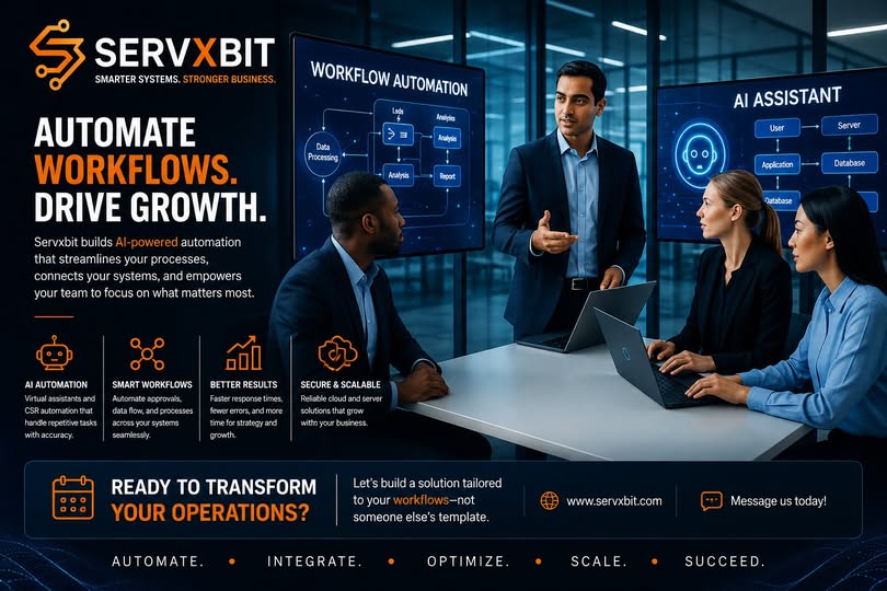 servxbit's tweet photo. Your business moves fast. Your systems should too. ⚡ ServXbit builds AI automation, custom systems &amp; smart workflows to eliminate manual tasks and help you scale. 🚀 

🌐 https://t.co/jeEfpkRjDn

#ServXbit #AIAutomation https://t.co/L8EdmFi2d3