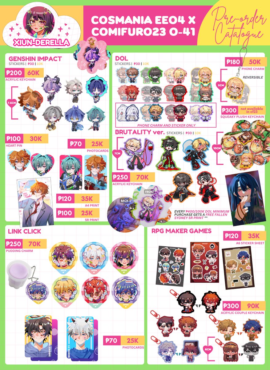 xiun_derella's tweet photo. [🩷RTs] 

catalogue for #Cosmania2026 and #CF23 PO batch 1

nyahallo! 

🩷 Genshin, DoL, Link Click, Milgram, RPG Maker Games, Twisted Wonderland, Danganronpa, FSP EN

✅Pick-up and Mail Orders
😼 All days

🔗 PO forms in reply ⬇️

#comifuro23 #cfxxiii #fanfairatcosplaymania2026 https://t.co/WP83CfjYfS