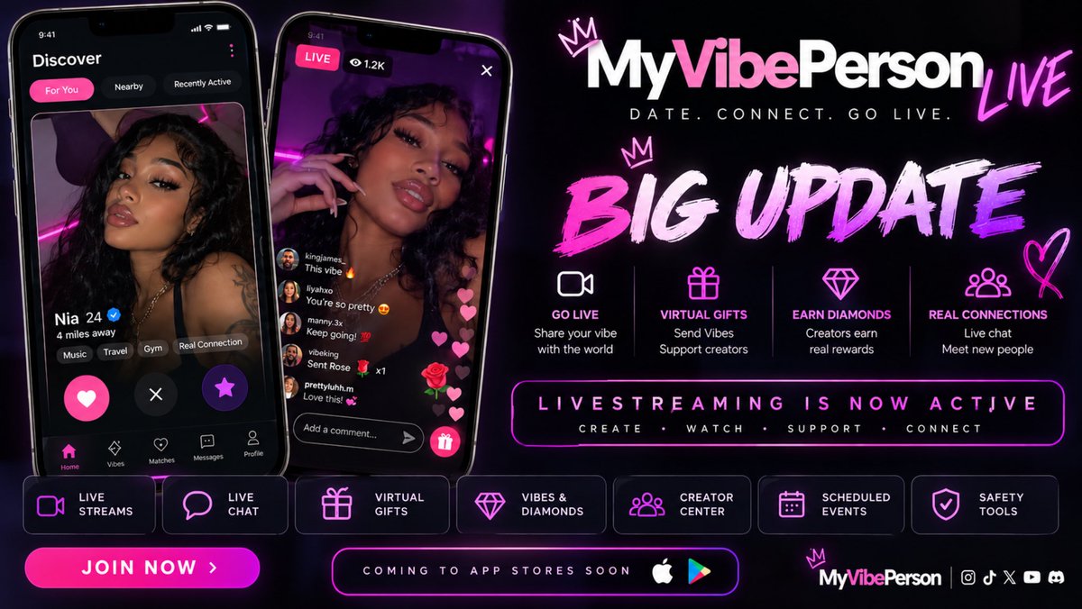MyVibePartner's tweet photo. 🚨 BIG MyVibePerson UPDATE 🚨

💗 Discover &amp; match
🎥 MVP Live
💬 Live chat
🎁 Virtual gifts
💎 Vibes &amp; Diamonds
👑 Creator features
📅 Scheduled live events
🛡️ Safety &amp; moderation tools
🔥 After Dark
🏠 MyVibePerson: The Vibe House

DATE. CONNECT. GO LIVE.

#MyVibePerson #MVP https://t.co/MTdDJ3vikF