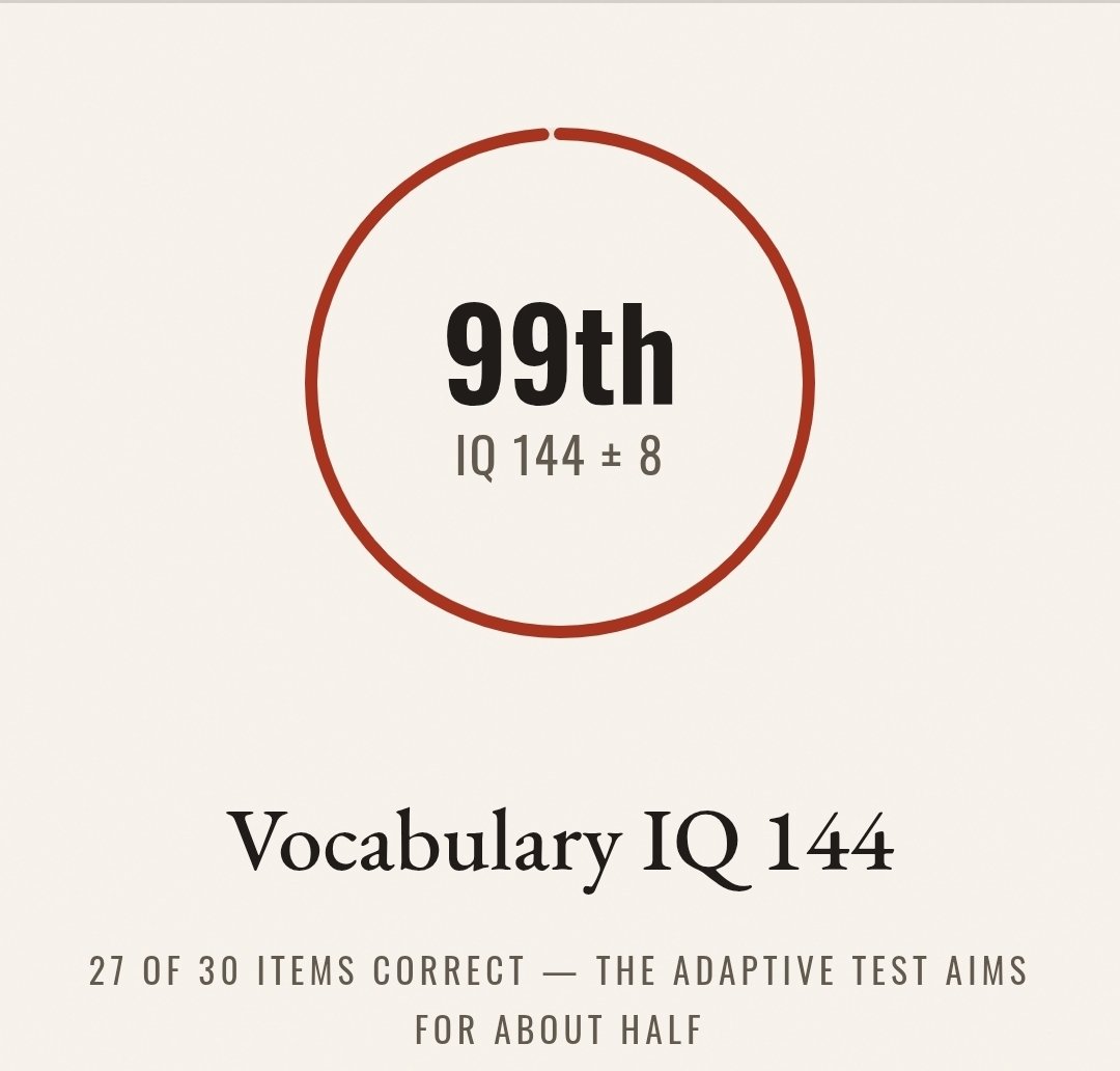 MostlyMonkey's tweet photo. This one was fun. Because it's adaptive, most of the test is right at your level of ability, so it's neither boring nor overly challe ging (though I will say that a few of the hardest ones I was entirely guessing)

https://t.co/mFGmY8ZqmL https://t.co/iQVAXQQjKS