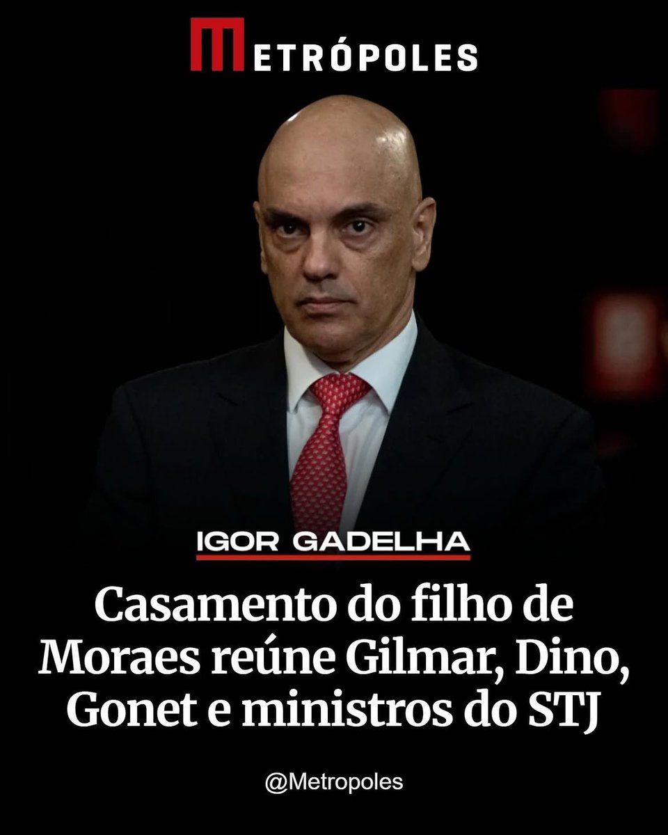 MachadoDarlon's tweet photo. 👰‍♀️🤵⚖️🚩 O ministro Alexandre de Moraes reuniu colegas do STF, magistrados de outros tribunais superiores e autoridades do Ministério Público durante o casamento de seu filho, no sábado (26/9), em São Paulo. Do Supremo, marcaram presença ao menos dois ministros: Gilmar Mendes, atual decano da Corte, e Flávio Dino. Ambos costumam atuar de forma alinhada a Moraes nas sessões do tribunal. Outro que prestigiou a festa foi o procurador-geral da República, Paulo Gonet. Segundo relatos, Gonet parecia “abatido”, após ter seus contatos com o banqueiro Daniel Vorcaro expostos nos últimos dias. O casamento também contou com a presença de ministros do Superior Tribunal de Justiça (STJ). Entre eles, o atual presidente, Luís Felipe Salomão, e Benedito Gonçalves, corregedor nacional de Justiça. Filho de Moraes, com a advogada Viviane Barci, Alexandre Barci de Moraes se casou com uma moça chamada Thaís. Não há detalhes do sobrenome da agora nora do ministro do Supremo. O casamento aconteceu na Casa Fasano, um dos espaços de festas mais luxuosos da capital paulista. A cerimônia foi celebrada pelo ex-deputado e ex-vereador Gabriel Chalita, amigo de Moraes. A festa aconteceu sob um forte esquema de segurança, inclusive com bloqueio de vias. O objetivo foi evitar protestos contra o ministro do STF, que se viu dragado para o Caso Master nos últimos meses.