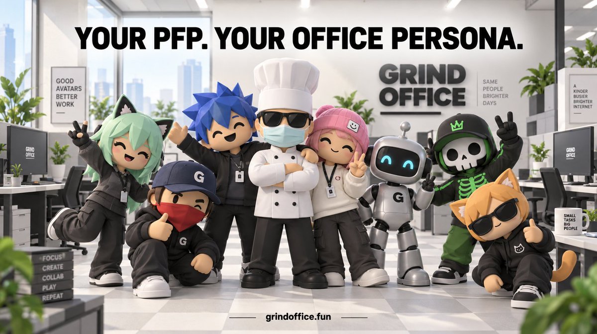grindofficefun's tweet photo. Your PFP clocked in. 

We gave first 50 Grind Office workers characters inspired by their X avatars. Chef hats, masks, cat ears, robots, the office got a little less corporate.

Go check your new look 👀

Get back to the $GRIND https://t.co/8Jw10py8U7