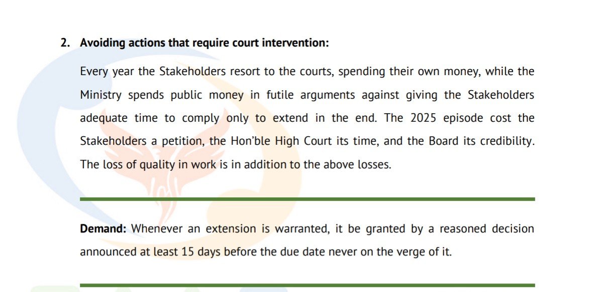 CADhavalkothari's tweet photo. A key point from Pre-Budget Memorandum 2027-28 by Chartered Accountants Association, Surat:

If an extension is warranted it should be announced at least 15 days before the due date—ensuring certainty, avoiding litigation and enabling quality compliance.

#TaxAudit #Compliance https://t.co/3hKyYFXsk8