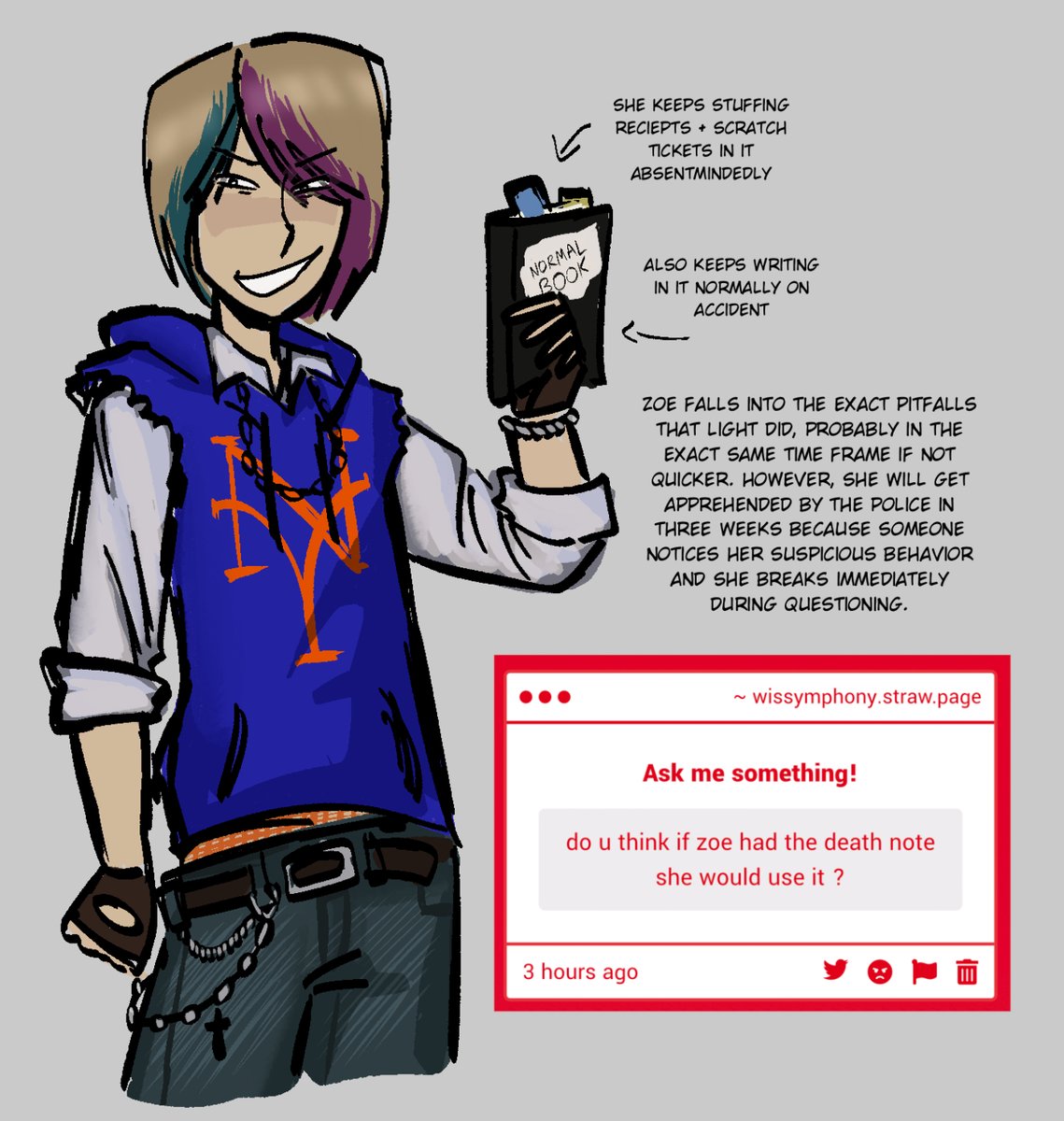 wisteriasymphny's tweet photo. "do u think if zoe had the death note she would use it ?" -> well it'd be boring to say "no", wouldn't it? i don't even think she would hesitate https://t.co/CABMuO66Zy https://t.co/gQd7sDGUOW